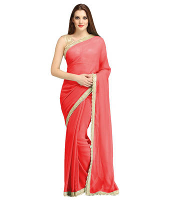 Red plain chiffon saree with blouse 1