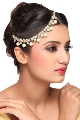 Stylish Hair Designer Matha Patti For Wedding Gold Finishing With Pearl And Stone In White 1