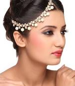 Stylish Hair Designer Matha Patti For Wedding Gold Finishing With Pearl And Stone In White