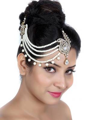 Fashion Trend Designer Four Line Matha Patti For Wedding Gold Finishing With Pearl And Stone In White 1