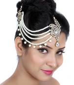 Fashion Trend Designer Four Line Matha Patti For Wedding Gold Finishing With Pearl And Stone In White