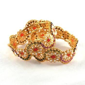 Hm Gold Platted Polki Meenakari Skrew System  Bangles 1