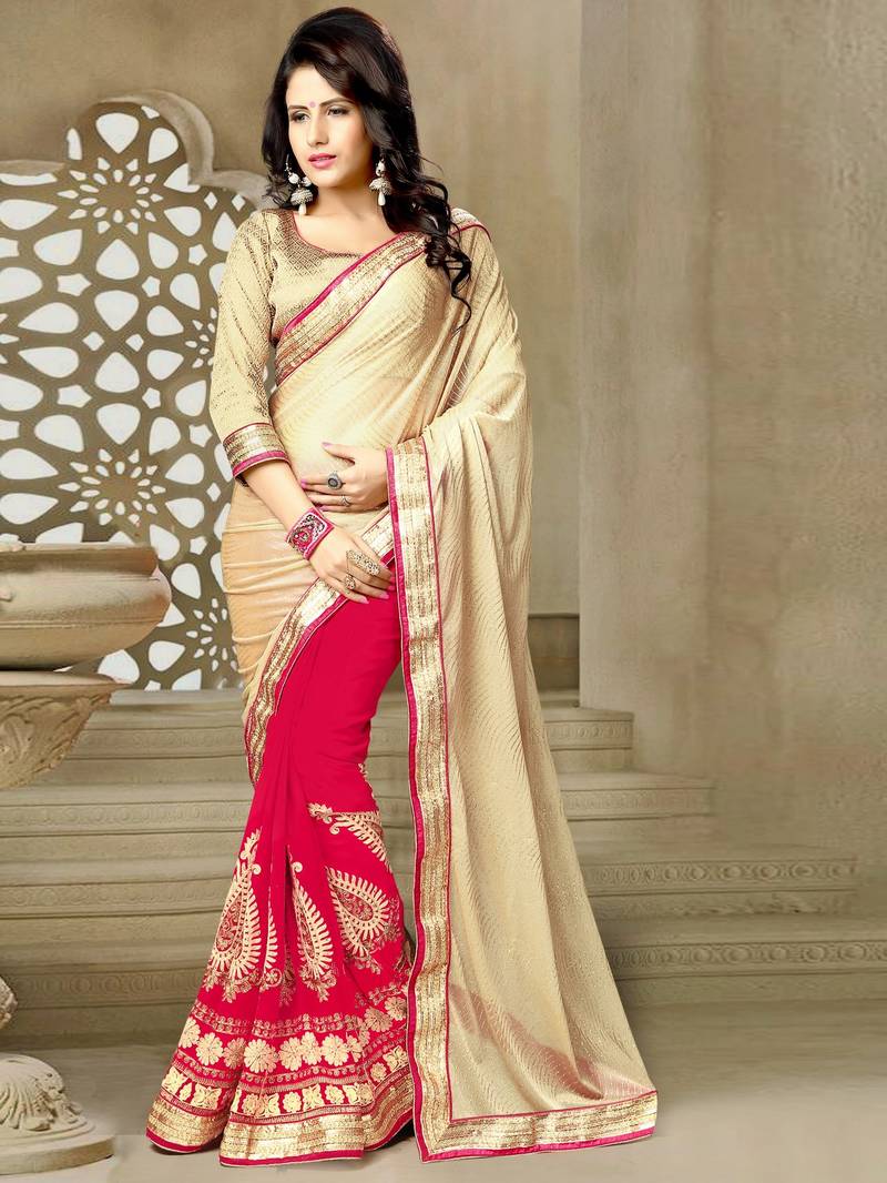Beige embroidered georgette saree With Blouse