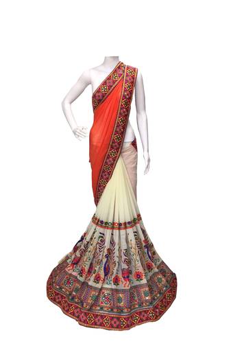Orange Embroidered Georgette Saree With Blouse