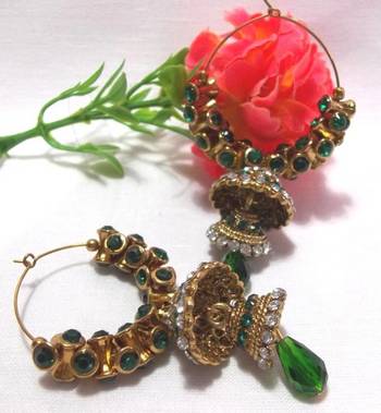 Golden green Stone Double Jhumki Earrings 1