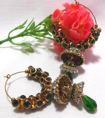 Golden green Stone Double Jhumki Earrings 2