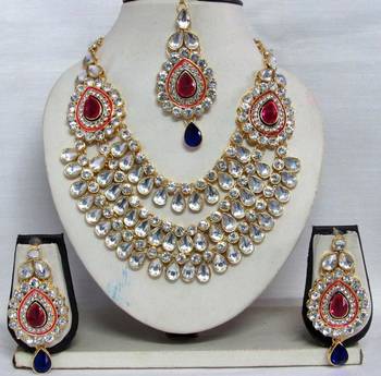 Pink and Blue stone three line Wedding Necklace set 1