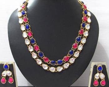two line Pink and Blue kundan necklace set 1