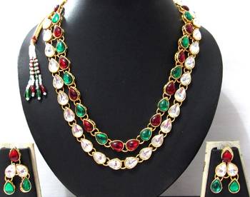 two line Maroon Green Kundan necklace set 1