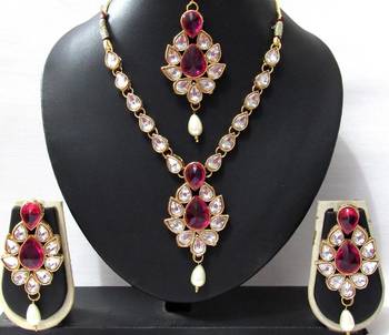 White drop Dark Pink Stone necklace set 1