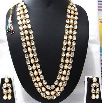three Line White pearl kundan necklace set 1