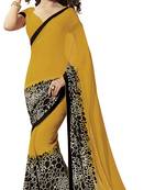 dark chiku printed faux georgette saree With Blouse