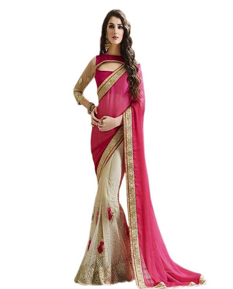 Mira Enterprise Pink-White Designer Latest Fashion Saree