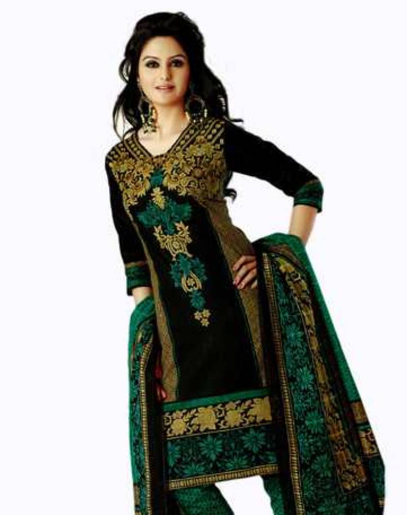 Green & Black Cotton Unstitched Churidar Salwar Kameez With Dupatta   Salwar Studio 