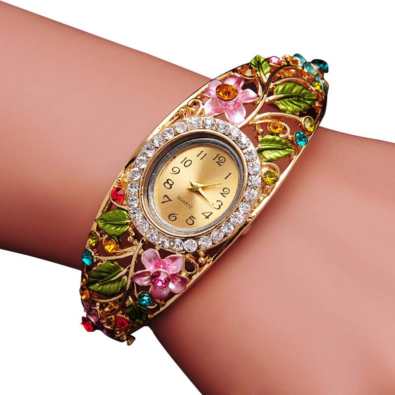 Bangle Watches Gold Plated Flower Women Bracelet Dress Quartz Watch