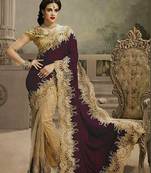 maroon and  chiku embroidered velvet saree with blouse