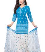 Blue And White Printed Synthetic Unstitched Salwar With Dupatta