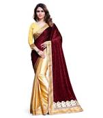 maroon embroidered velvet saree With Blouse
