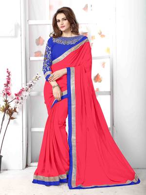 Red  embroidered chiffon saree with blouse 1