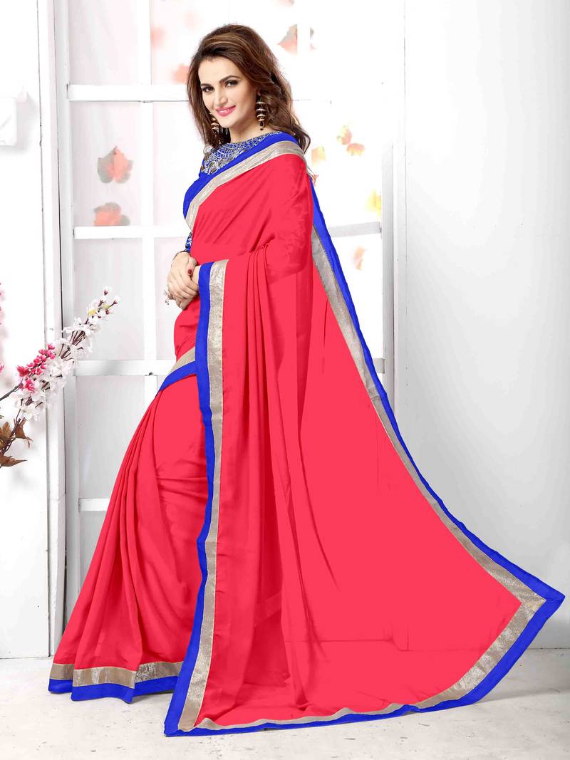 Red  embroidered chiffon saree with blouse