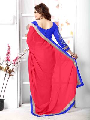 Red  embroidered chiffon saree with blouse 3