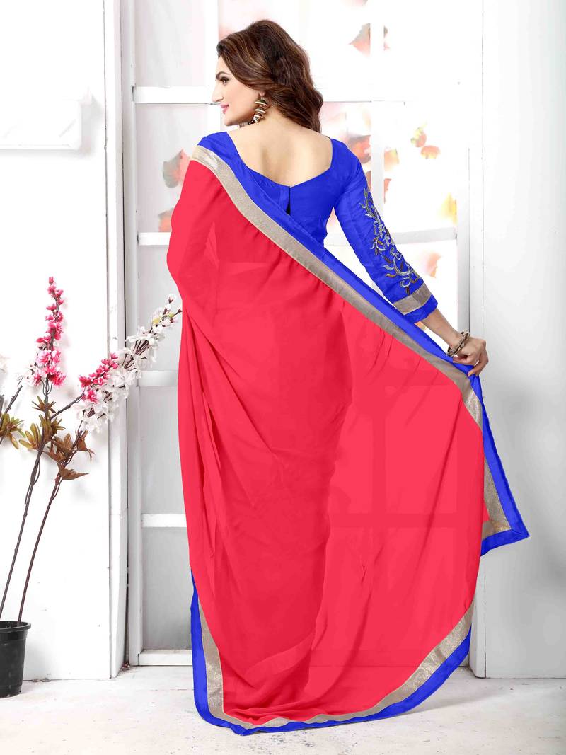 Red  embroidered chiffon saree with blouse