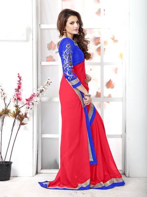 Red  embroidered chiffon saree with blouse 4