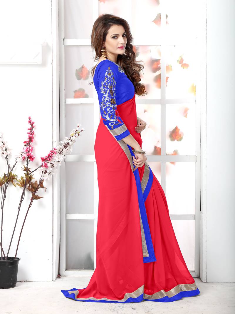 Red  embroidered chiffon saree with blouse
