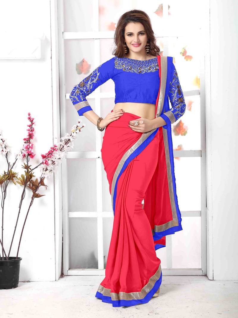 Red  embroidered chiffon saree with blouse