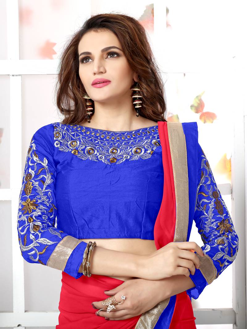 Red  embroidered chiffon saree with blouse