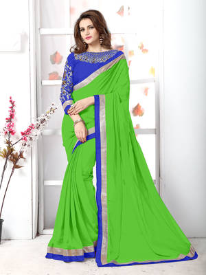 Green  embroidered chiffon saree with blouse 1