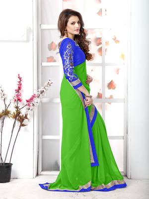 Green  embroidered chiffon saree with blouse 4