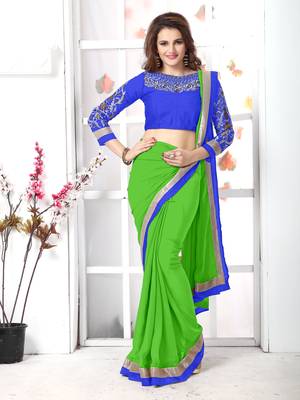 Green  embroidered chiffon saree with blouse 5