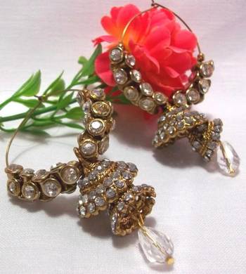 Golden white stone double jhumki earrings 1