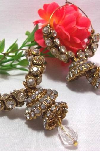 Golden white stone double jhumki earrings