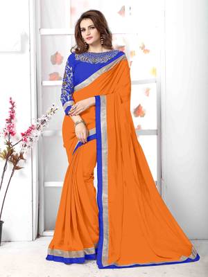 Orange   embroidered chiffon saree with blouse 1