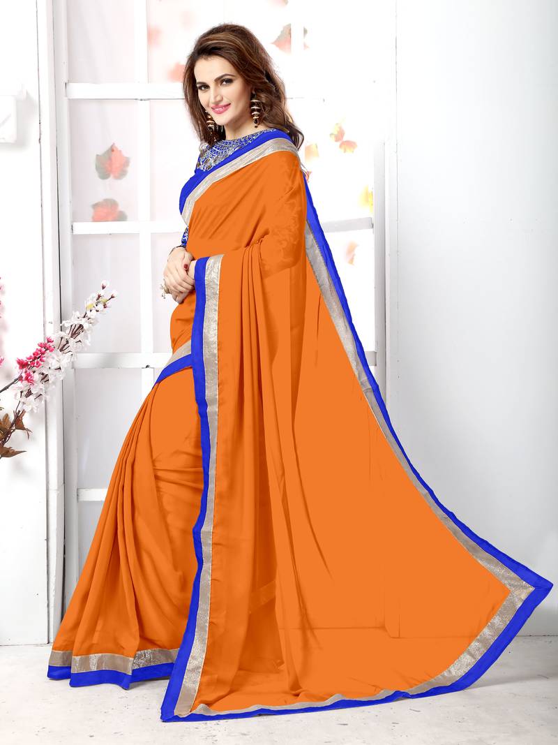 Orange   embroidered chiffon saree with blouse