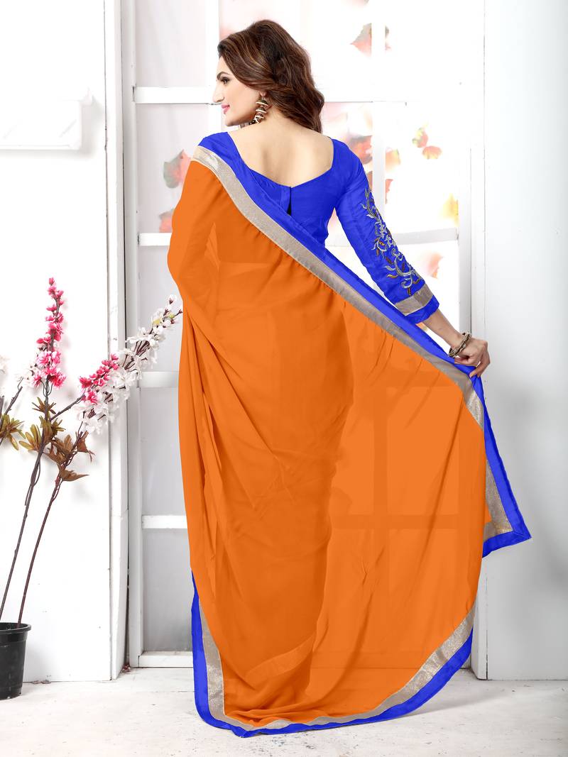 Orange   embroidered chiffon saree with blouse