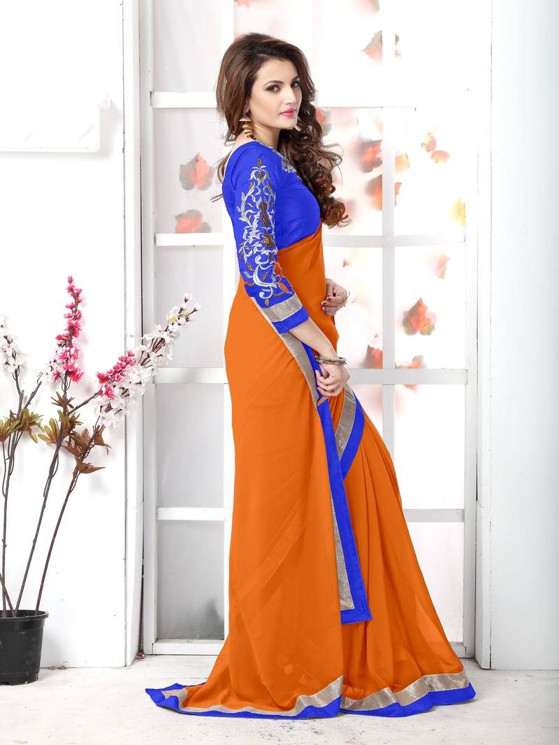Orange   embroidered chiffon saree with blouse