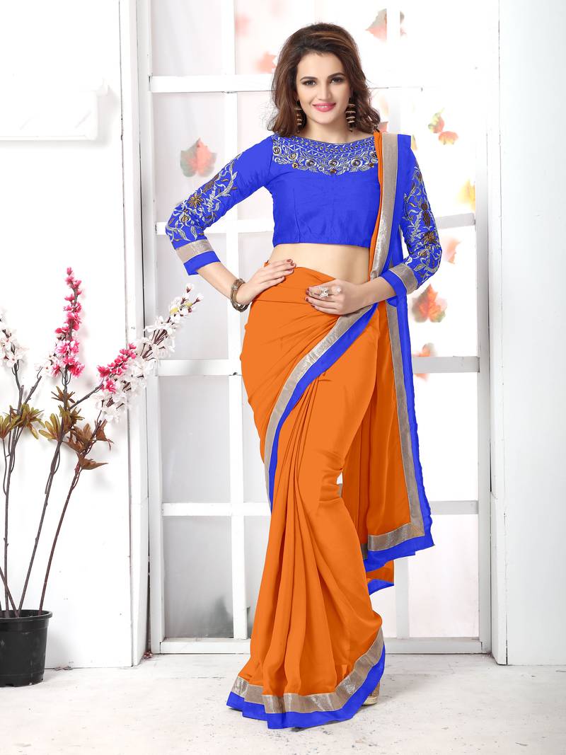 Orange   embroidered chiffon saree with blouse