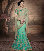 sea green embroidered net saree With Blouse