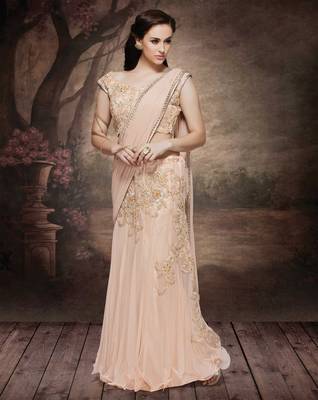 peach embroidered lycra saree With Blouse 1