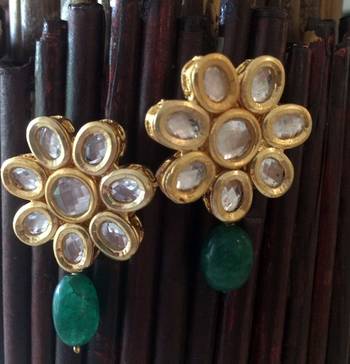 Kundan Flower Studs With Green Onyx Drop 1
