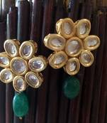 Kundan Flower Studs With Green Onyx Drop