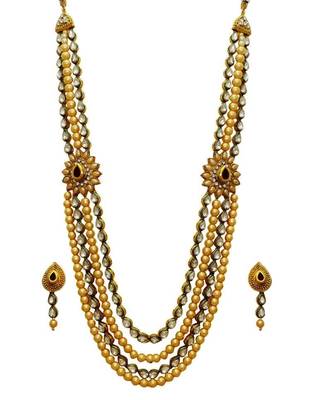 Three  Line White Pearl Ad Tilak Shape Ad Rajwadi Necklace Set For Women 1