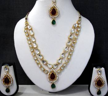 Maroon Green 2 line tilak stone necklace set 1
