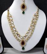 Maroon Green 2 line tilak stone necklace set