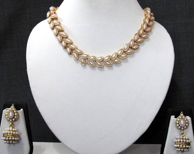White pearl Double line gota necklace set