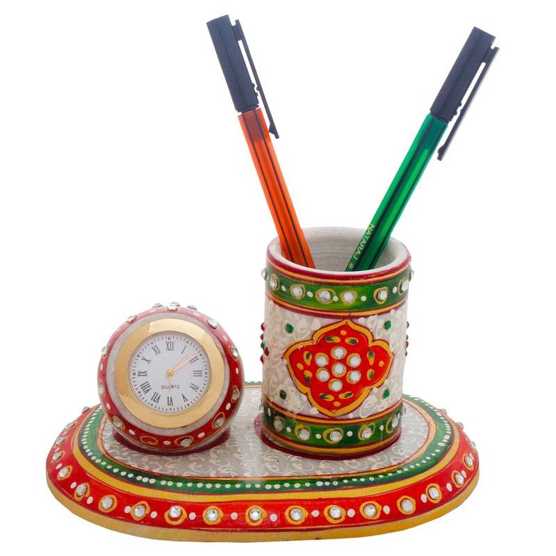 Meenakari Marble Pen Stand n Table Clock