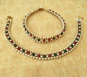 Marvelous multicolor adustable diamond pearl payal anklets 1